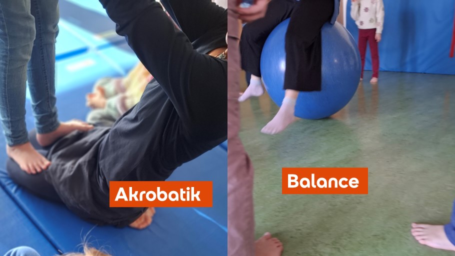 Person führt Akrobatikübung auf Gymnastikmatte, während eine andere Person auf einem Balanceball balanciert.