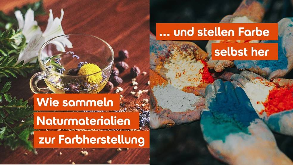 Teekanne mit Naturmaterialien und Hände mit bemalter Schale.