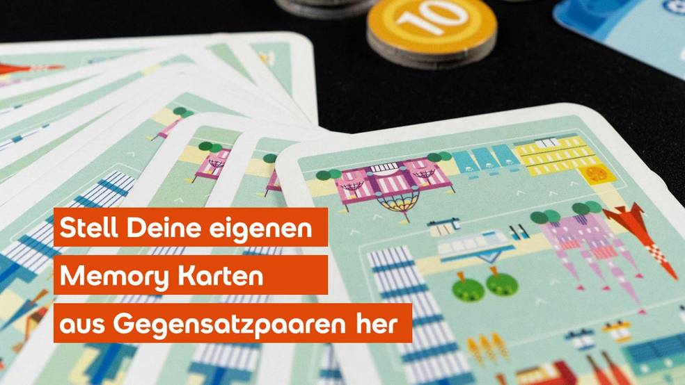 Ein Memory-Spiel mit Karten, die Gebäude und Gegenstände zeigen, mit einem Text in Deutsch.