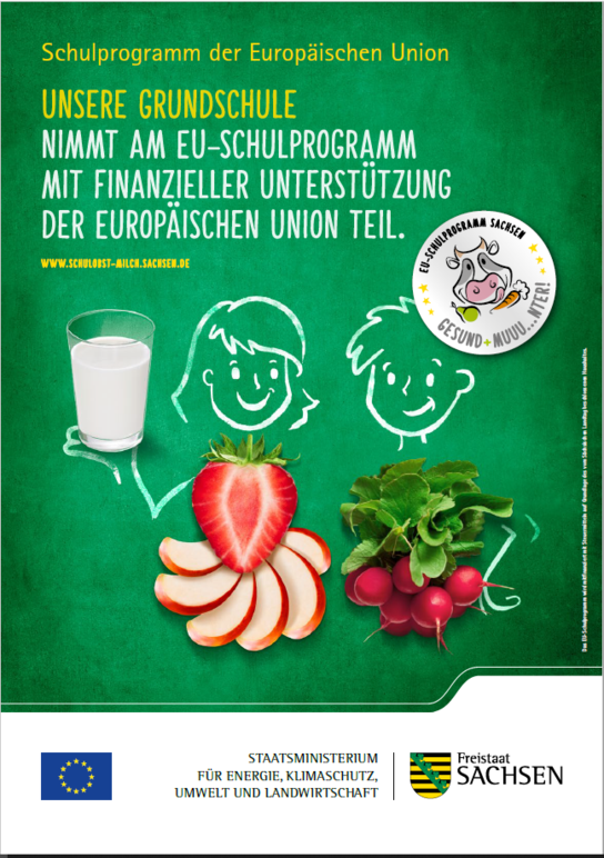 Poster über EU-Schulprogramm mit gesunden Lebensmitteln und Kinderzeichnungen.