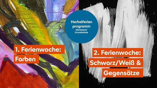 Bild mit zwei farbigen und monochromen Kunstwerken und Texten über Ferienprogramme.