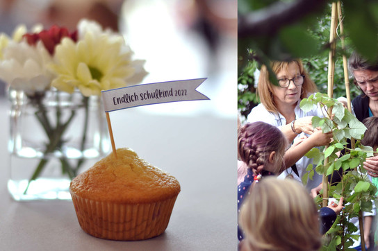 Ein Muffin mit einer kleinen Flagge, die 'Endlich schulkind 2021' zeigt, neben einer Vase mit Blumen. Rechts: Kinder und eine Frau bei einer Gartenaktivität.